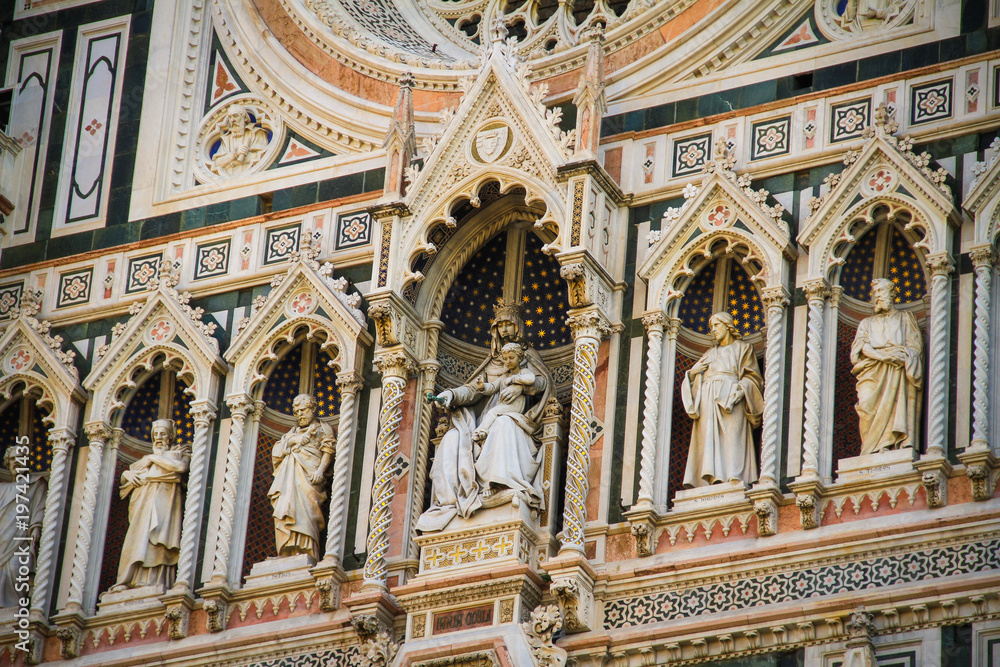 Details on the facade of the Cathedral Santa Maria del Fiore, The Dome in Florence, Tuscany, Italy