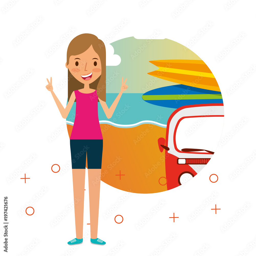 happy woman summer vacations van surfing boards beach vector illustration happy woman summer vacations van surfing boards beach vector illustration