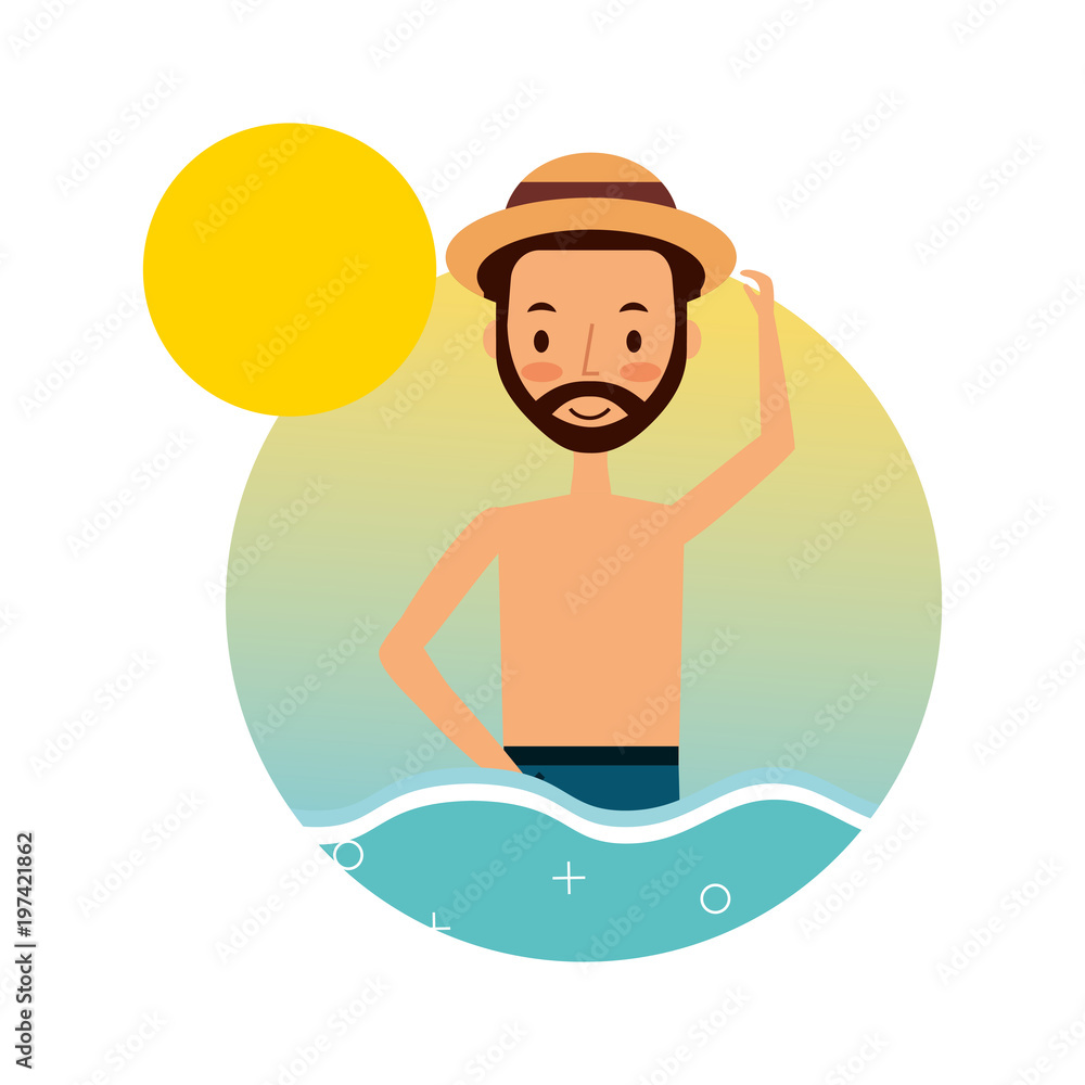 Obraz premium man in swimsuit with hat n sea summer vacations vector illustration