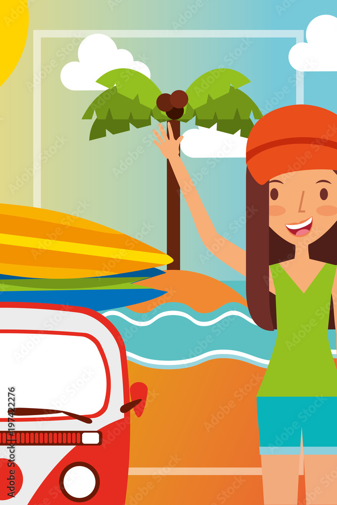 summer vacations beautiful woman with minivan in the beach vector illustration