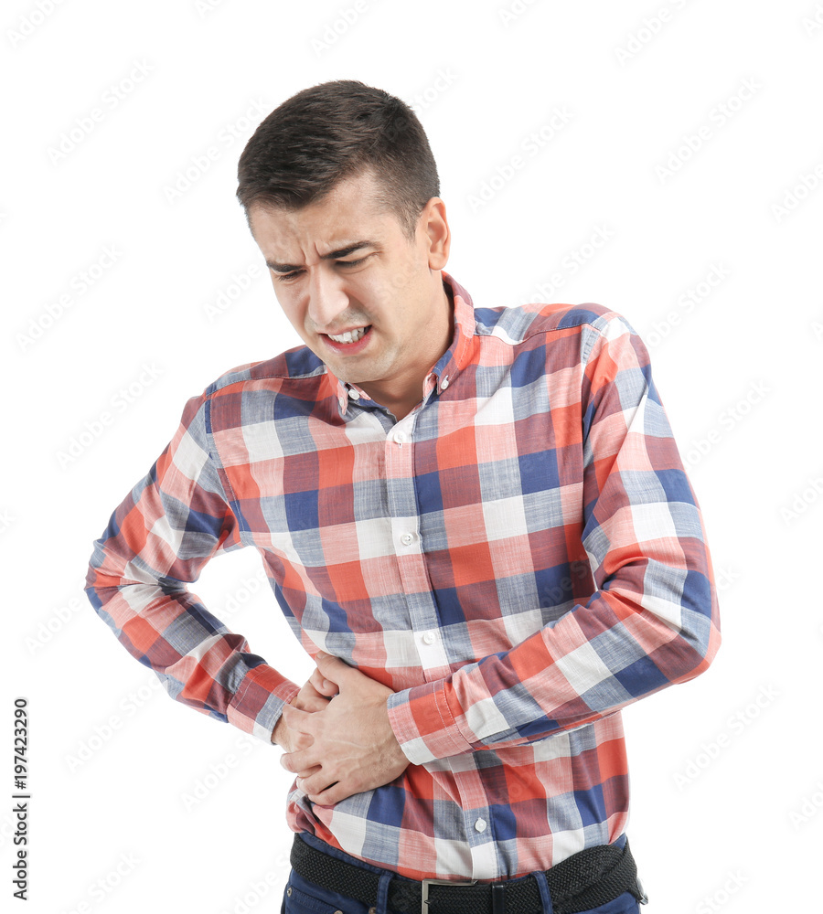Man suffering from flank pain on white background Man suffering from flank pain on white background