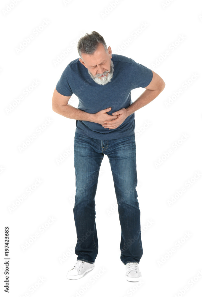 Man suffering from abdominal pain on white background Man suffering from abdominal pain on white background