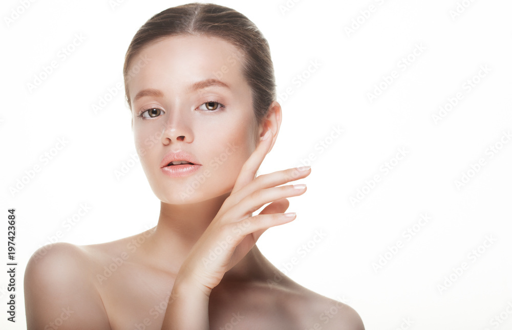 Beautiful health woman face with clean purity skin - isolated on white Beautiful health woman face with clean purity skin - isolated on white