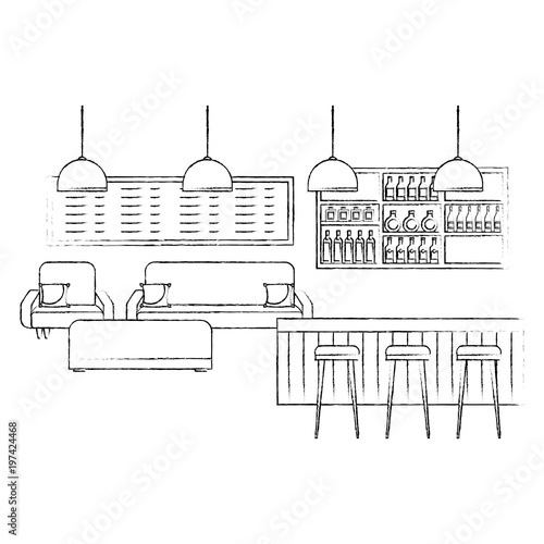 coffee shop interior counter stools sofa menu vector illustration sketch design