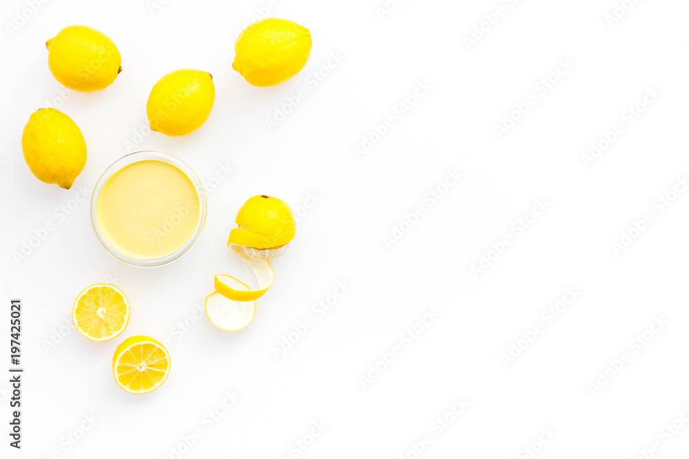 yellow citrus fruit set with lemons white background top view mock-up