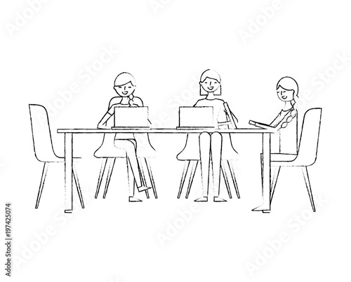 people group women sitting working together with laptops vector illustration sketch design