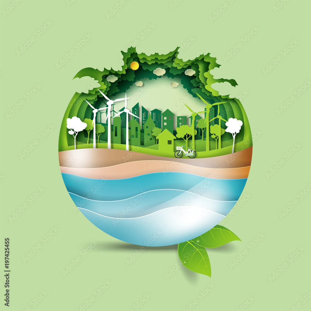 Green earth of eco friendly city and urban landscape abstract   water for ecology and environment conservation concept paper art   illustration. Stock Vector | Adobe Stock