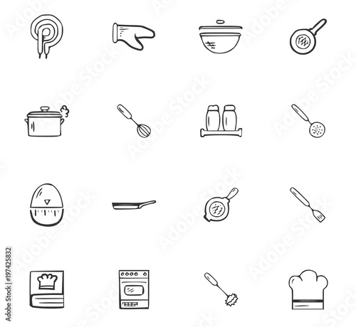 Doodle Kitchen accessories icons set