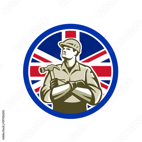 Icon retro style illustration of British builder, carpenter or construction worker with hammer arms crossed with United Kingdom UK, Great Britain Union Jack flag set inside circle isolated background.