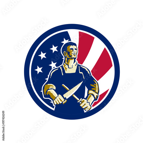 Icon retro style illustration of an American butcher sharpening knife viewed from front  with United States of America USA star spangled banner or stars and stripes flag in circle isolated background.