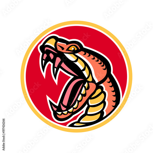 Mascot icon illustration of a copperhead or Agkistrodon contortrix, a species of venomous snake member of subfamily Crotalinae or pit viper set inside circle on isolated background in retro style.
