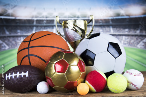 Winner trophy, Sport equipment and balls