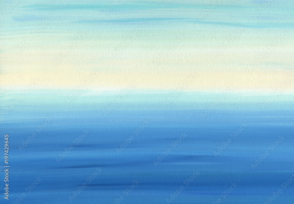 Obraz premium Smooth oil painting texture and color of calm sea and sky with distant horizon. View from a high coast. Palette in deep blue and milky tones.