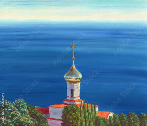 View on the church located on the sea shore among the trees. Wide view on the sea and very distant horizon. Calm water, sunny day, soft colors. Oil painting.