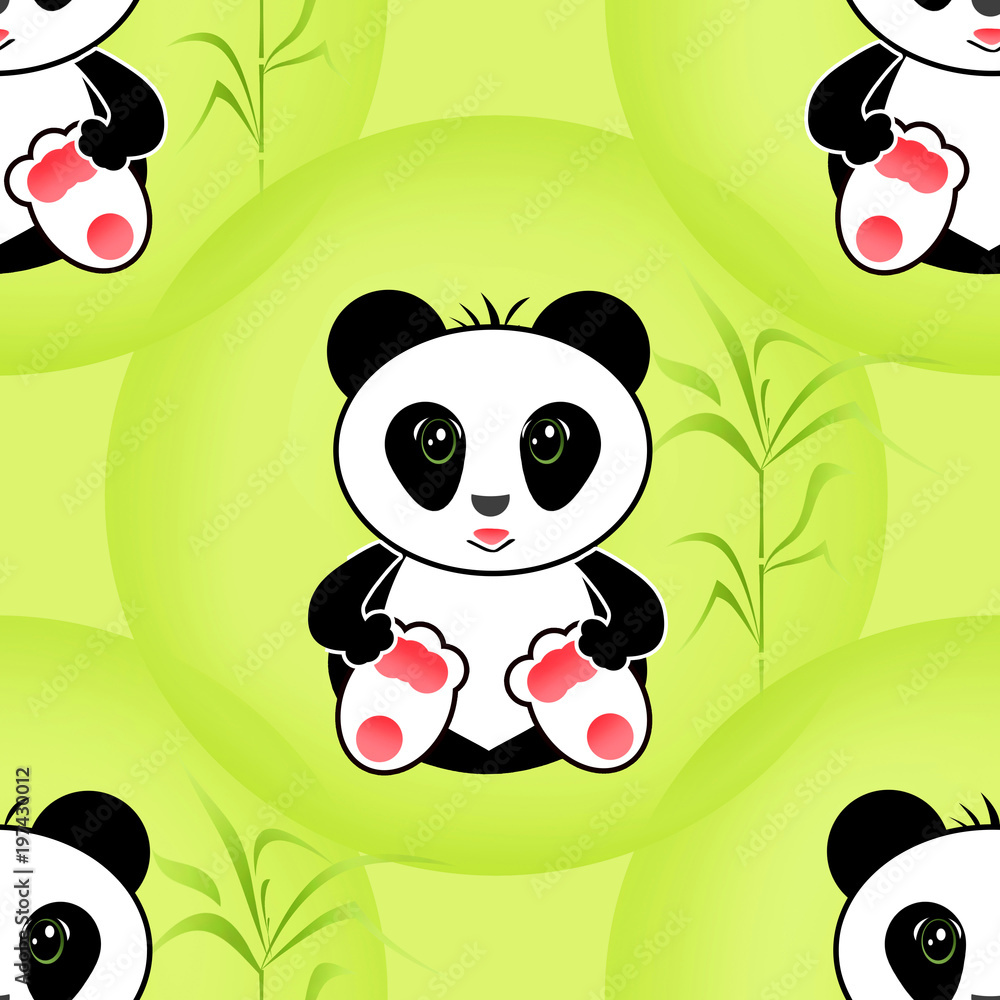 Fototapeta premium Sitting cute little panda bamboo illustration background