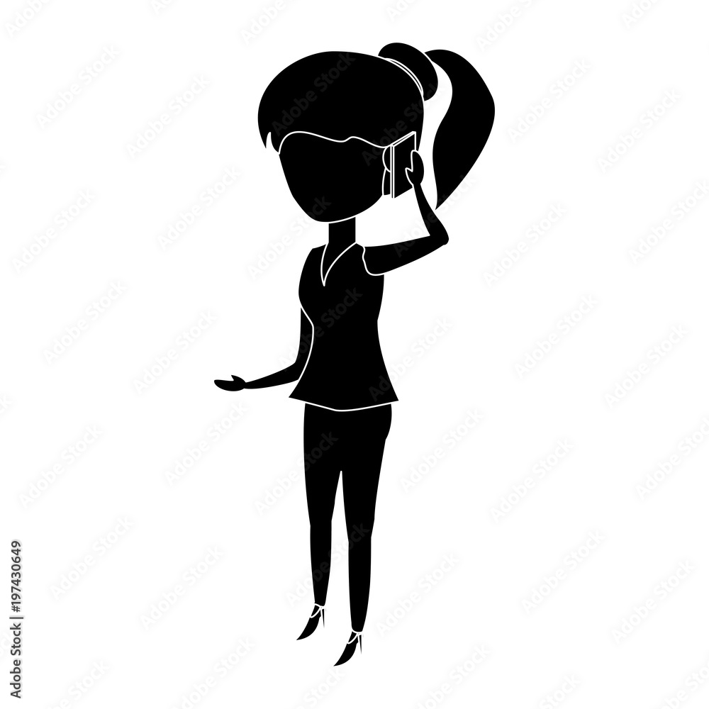 Woman standing and Talking on Cellphone over white background, vector illustration