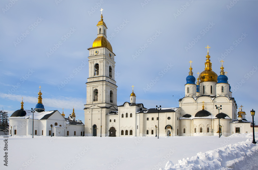 Cathedral belltower, Pokrovsky, Sophia-Uspensky Cathedrals and Cathedral vestry. Ensemble of the Kremlin and the Court yard. Tobolsk. Tyumen region. Russia