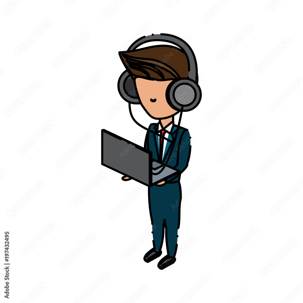 avatar businessman standing and using a laptop computer and headphones over white background, colorful design. vector illustration avatar businessman standing and using a laptop computer and headphones over white background, colorful design. vector illustration