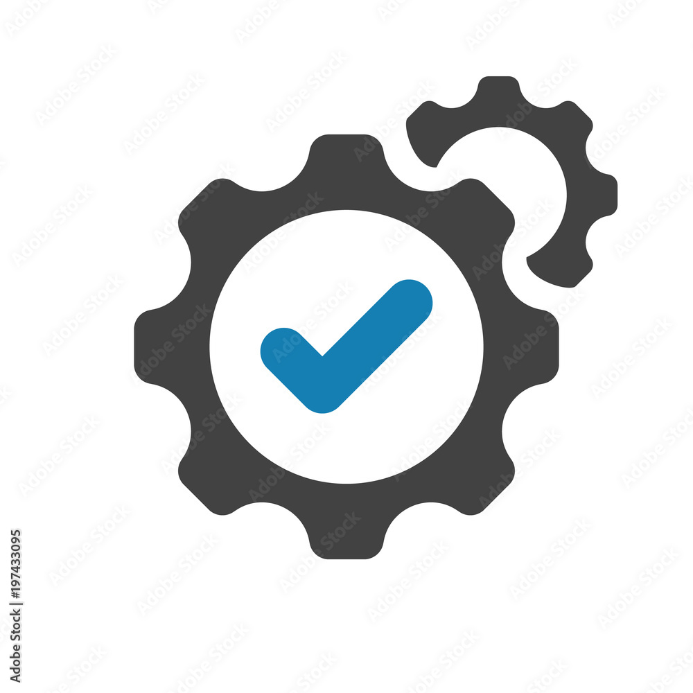 Settings icon with check sign. Settings icon and approved, confirm, done, tick, completed symbol Settings icon with check sign. Settings icon and approved, confirm, done, tick, completed symbol