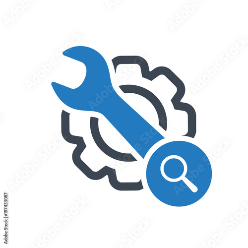 Maintenance icon with research sign. Maintenance icon and explore, find, inspect symbol