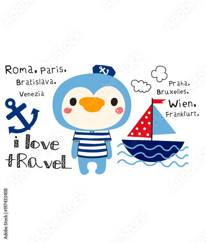 cute penguin love travel