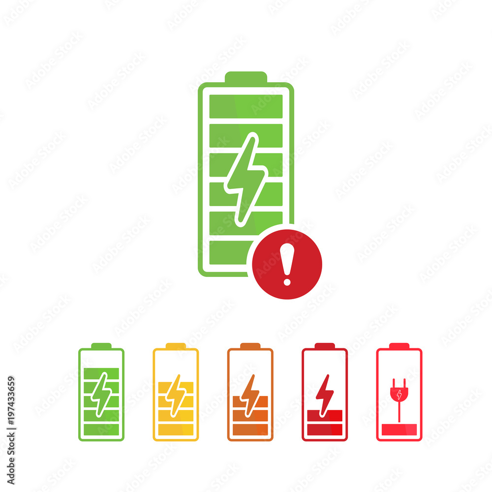 Battery icon with exclamation mark. Battery icon and alert, error, alarm, danger symbol Battery icon with exclamation mark. Battery icon and alert, error, alarm, danger symbol