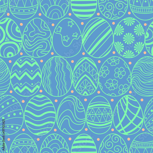 Easter eggs in green outline pink dots random on blue background. Cute hand drawn seamless pattern design for Easter festival in vector illustration.