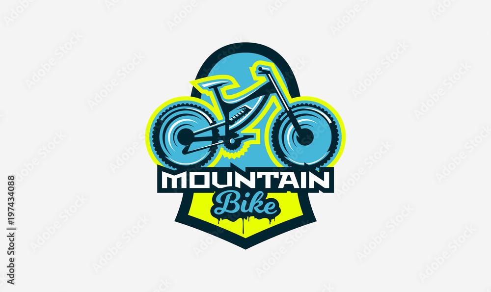 Colorful logo, emblem, mountain bike icon. Bicycle, transport, downhill, freeride, extreme, sports. T-shirt printing, vector illustration.