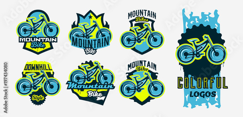 A colorful collection of logos, emblems, mountain bike icons. Bicycle, transport, downhill, freeride, extreme, sports. T-shirt printing, vector illustration.