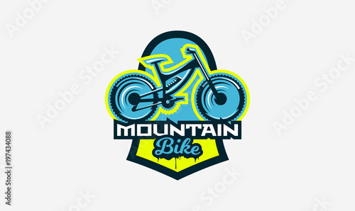 Colorful logo  emblem  mountain bike icon. Bicycle  transport  downhill  freeride  extreme  sports. T-shirt printing  vector illustration.