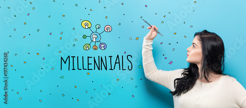 Millennials with young woman holding a pen on a blue background