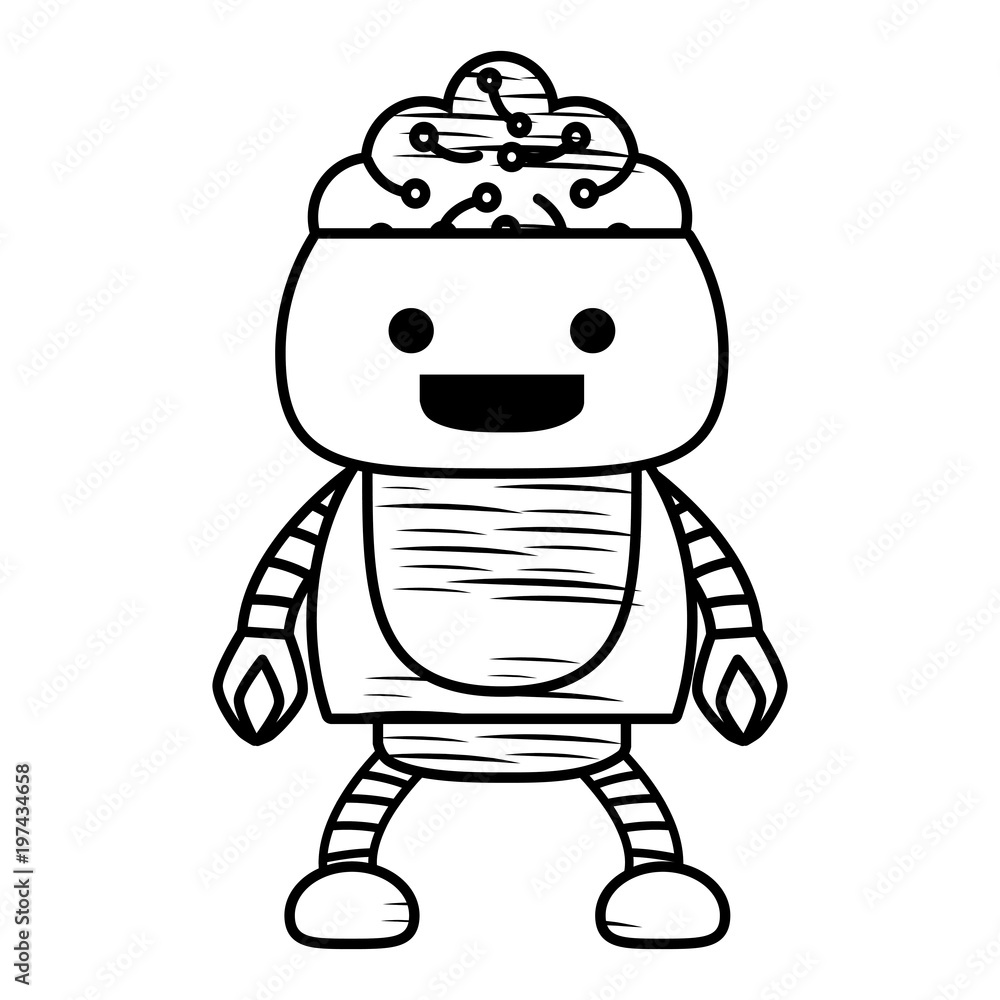 sketch of Cartoon robot showing the brain over white background, vector illustration