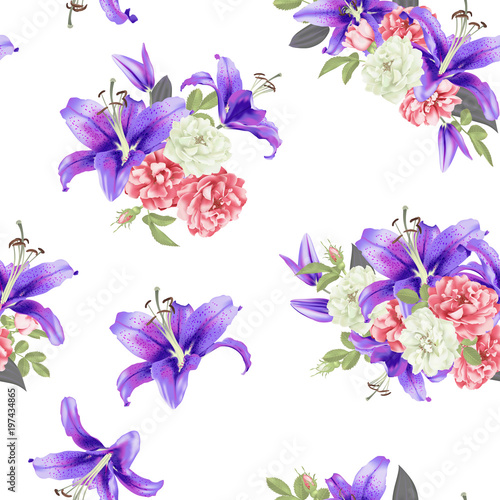 white and pink Rose and violet lily seamless pattern Vector