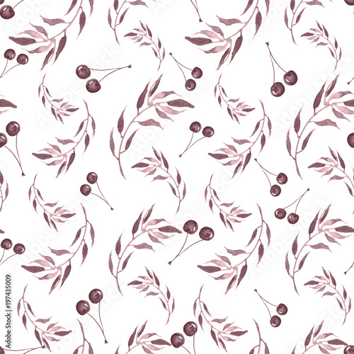 Watercolor seamless background with berries of cherries, leaves. A beautiful vintage pattern, an ornament for your design, wallpaper, textiles, packaging, cards. Burgundy, pink color. © helgafo
