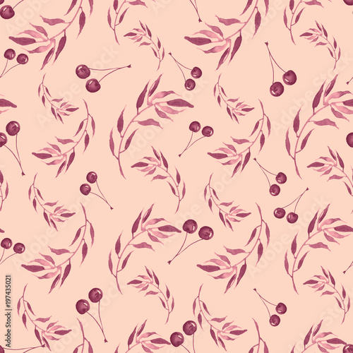 Watercolor seamless background with berries of cherries, leaves. A beautiful vintage pattern, an ornament for your design, wallpaper, textiles, packaging, cards. Burgundy, pink color.