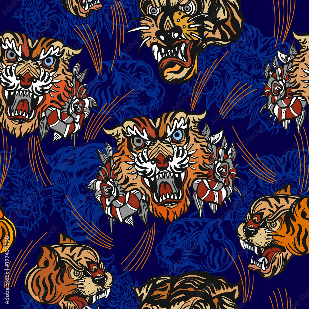 Classic flash tattoo style, patches and stickers. Tigers seamless pattern,  old school tattoo vector. Fashionable tigers heads and flowers roses  pattern Stock Vector | Adobe Stock
