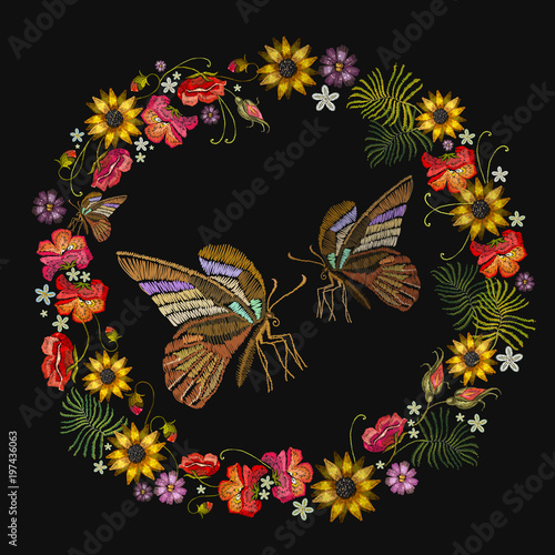 Embroidery wreath of flowers and tropical butterfly. Classical embroidery red roses, peonies, sunflowers, butterflies. Fashion template for clothes, textiles, t-shirt design