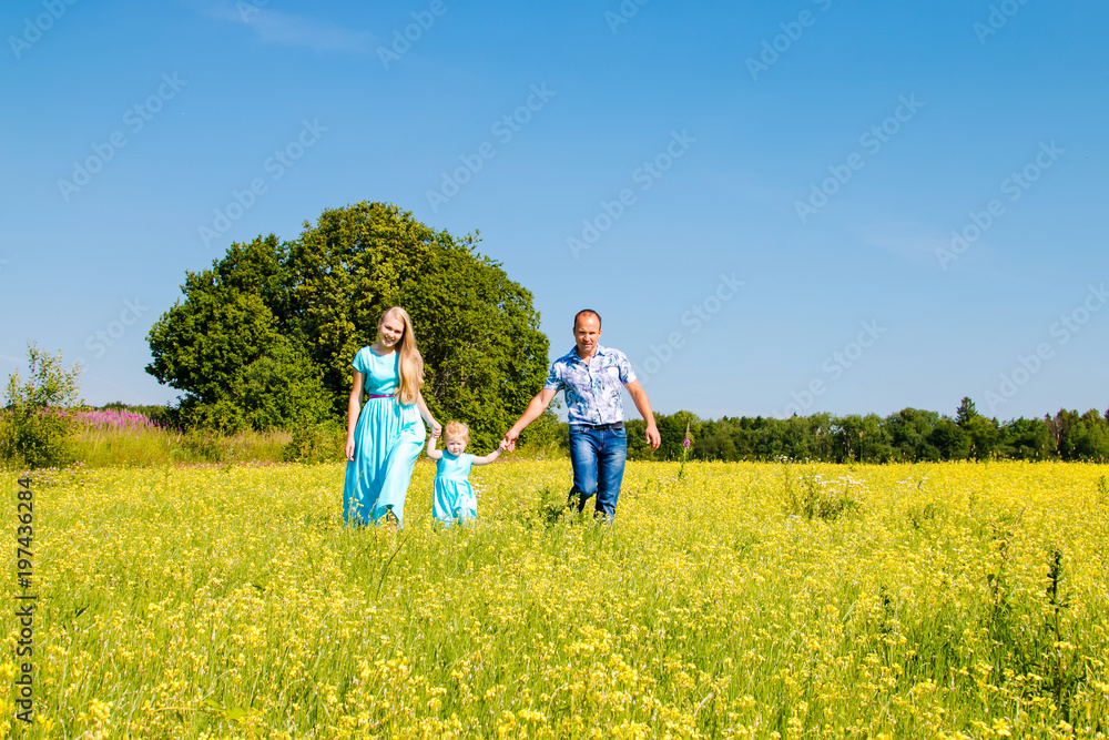 Fototapeta premium Young happy caucasian family with baby girl celebration fathers day outdoors. Summer, green field, blue sky, walking