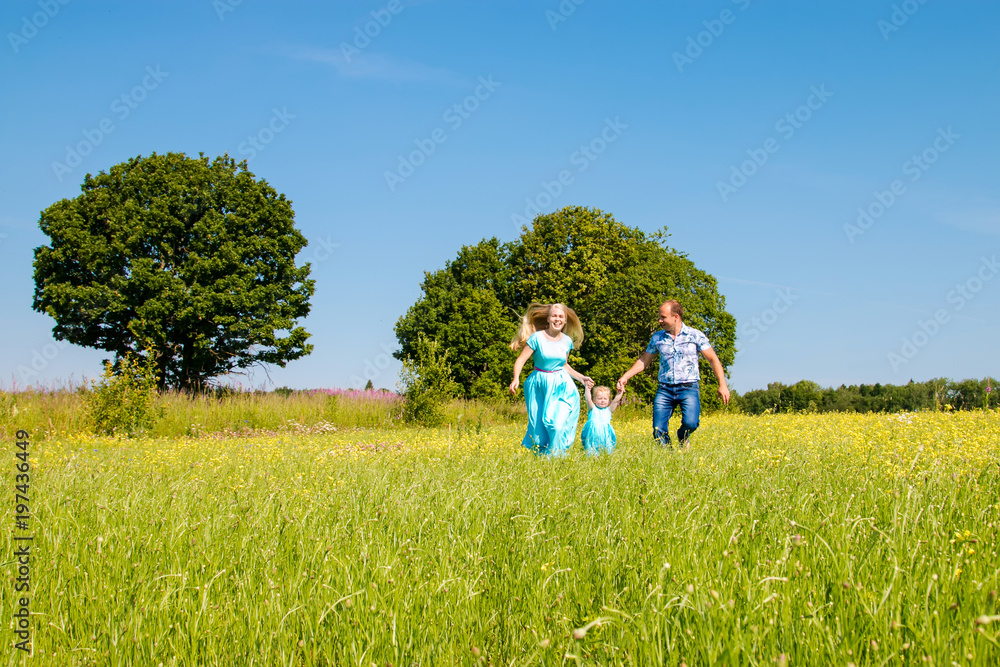 Young happy caucasian family with baby girl celebration fathers day outdoors. Summer, green field, blue sky, walking Young happy caucasian family with baby girl celebration fathers day outdoors. Summer, green field, blue sky, walking