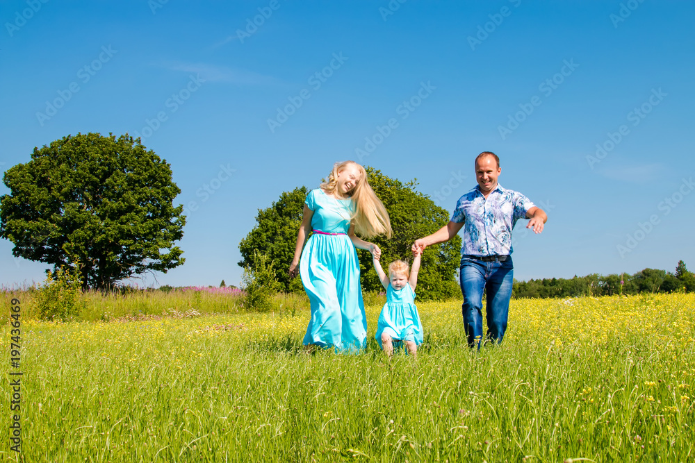 Young happy caucasian family with baby girl celebration fathers day outdoors. Summer, green field, blue sky, walking Young happy caucasian family with baby girl celebration fathers day outdoors. Summer, green field, blue sky, walking