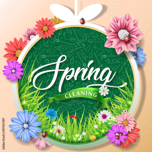 Spring cleaning with set of cleaning supplies and tools pattern. Spring cleaning background. Grand ménage de printemps.