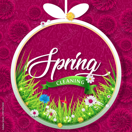 Spring cleaning with set of cleaning supplies and tools pattern. Spring cleaning background. Grand ménage de printemps.