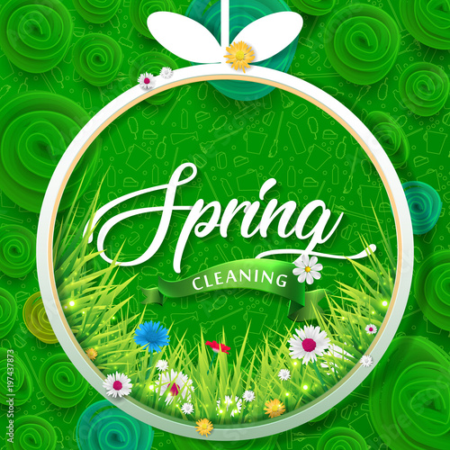 Spring cleaning with set of cleaning supplies and tools pattern. Spring cleaning background. Grand ménage de printemps.