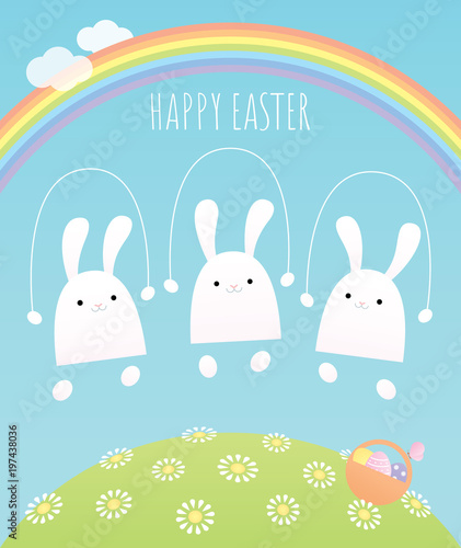Happy Easter greeting card. Vector illustration. Three white baby bunnies jumping rope on a hill covered with flowers under the rainbow. A basket of eggs is on the grass. Pastel colors.