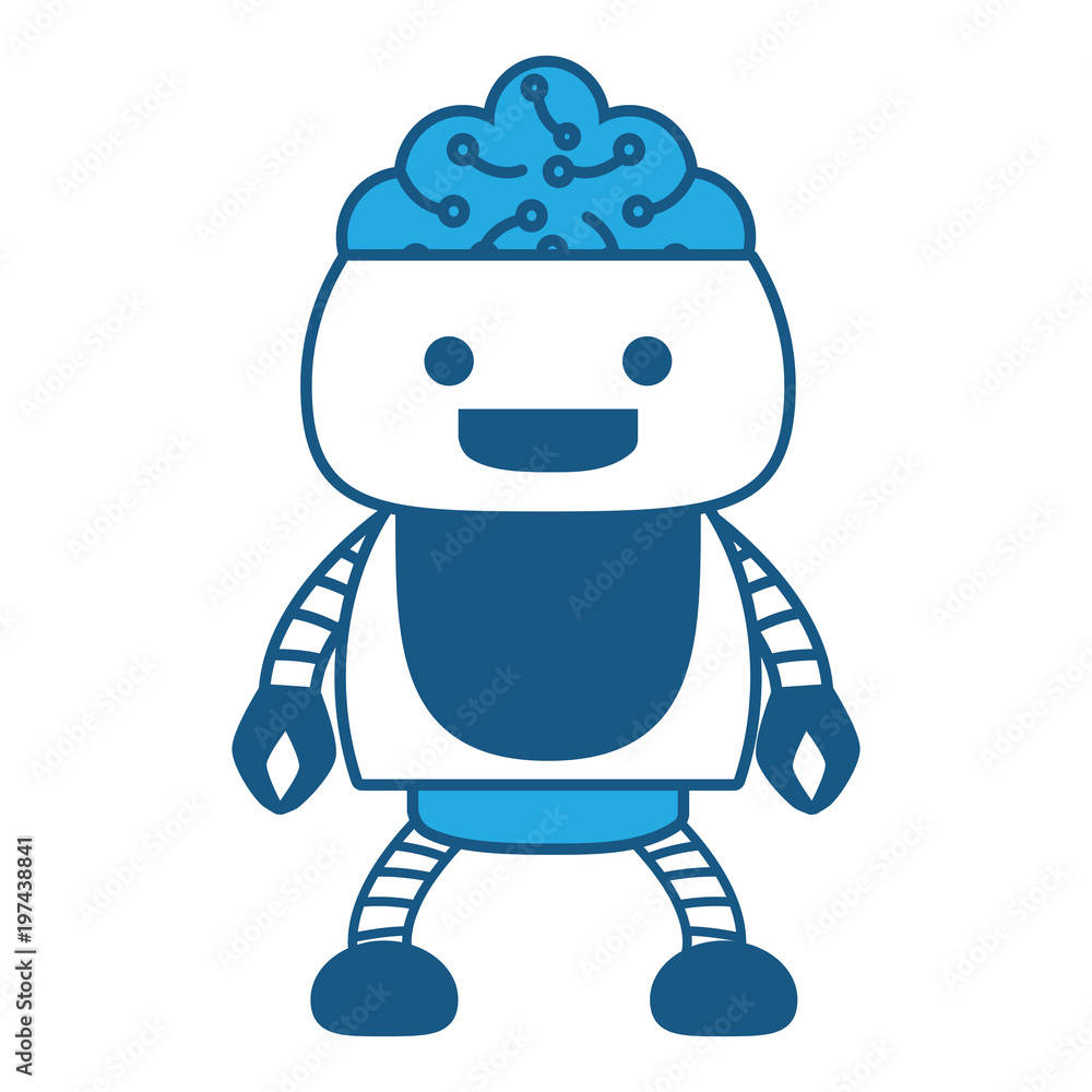Cartoon robot showing the brain over white background, blue shading design. vector illustration