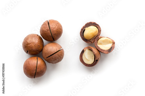 Isolated macadamia nuts on white background. Top view. 