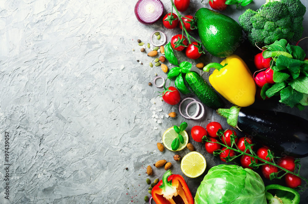 Set of fresh vegetables on grey background. Aromatic herbs, onion, avocado, broccoli, pepper bell, eggplant, cabbage, radish, cucumber, almonds, rucola, baby corn. Banner