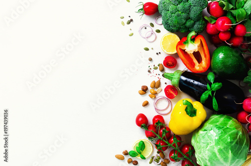 Set of fresh vegetables on a white background. Aromatic herbs, onion, avocado, broccoli, pepper bell, eggplant, cabbage, radish, cucumber, almonds, rucola, baby corn. Banner