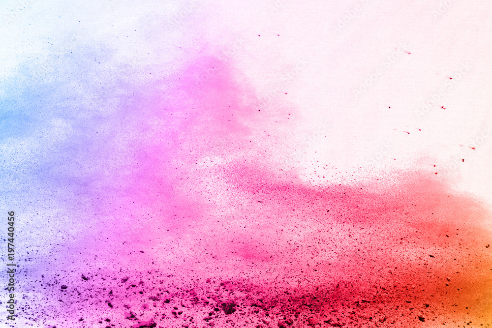 Freeze motion of colored powder explosions isolated on white background.