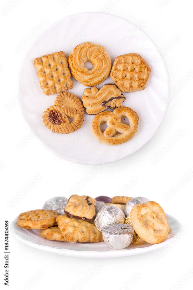 White plate with cookies  on white background.